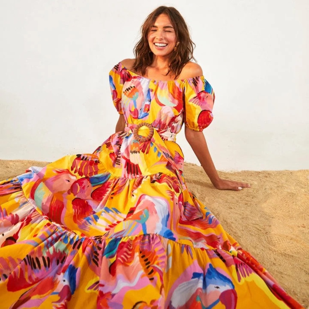 FARM Rio Yellow Multicolor Off-Shoulder Maxi Dress